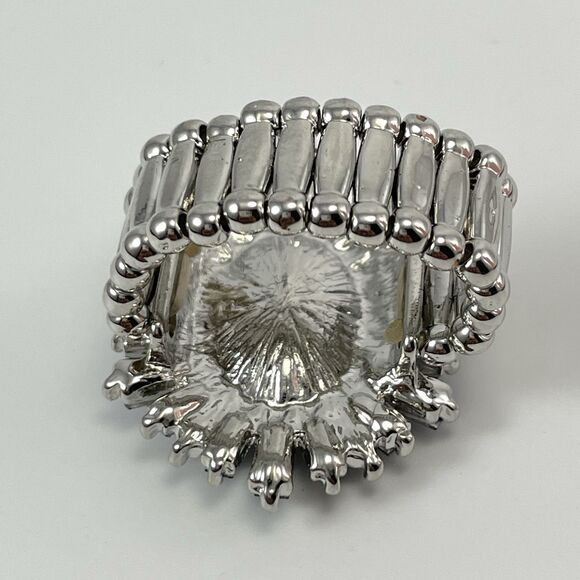 Silver Tone Stretch Band Gray Glass Rhinestone Starburst Bling Ring Adjustable - Picture 5 of 7